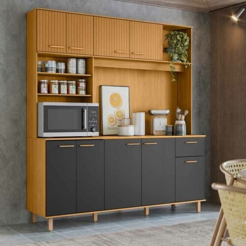 Kit de Cozinha 1,80m Núria com Detalhe Ripado 3D Freijó/Grafite 9 Portas 1 Gaveta - Poliman