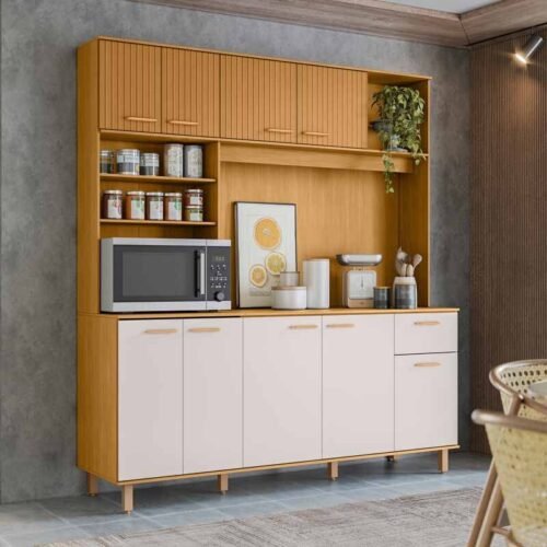 Kit de Cozinha 1,80m Núria com Detalhe Ripado 3D Freijó/Off 9 Portas 1 Gaveta - Poliman