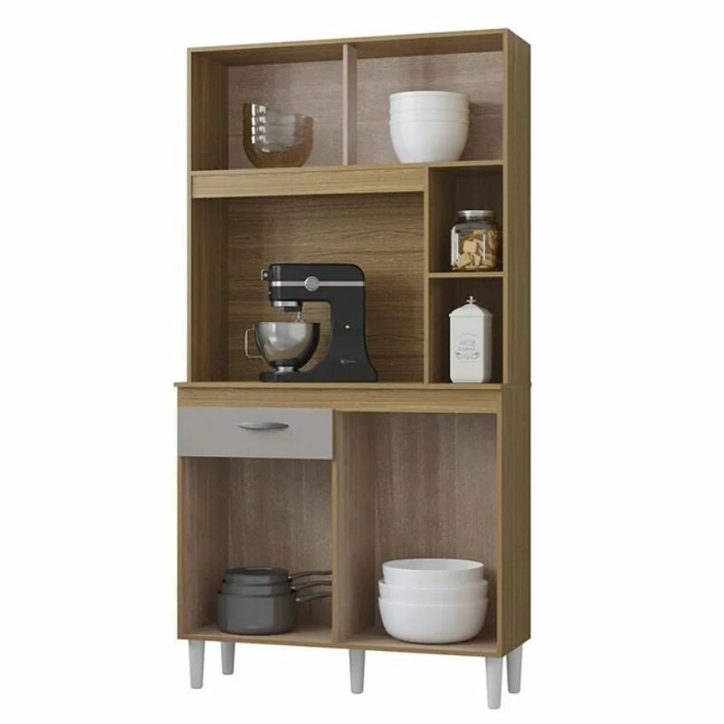 Kit de Cozinha 0,90m Duda Damasco/Off Ripado 4 Portas 1 Gaveta - Poquema - Imagem 2