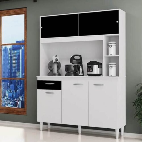 Kit de Cozinha 1,20m Duda Branco/Preto 5 Portas 1 Gaveta - Poquema