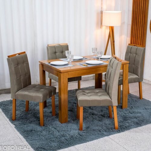 Mesa de Jantar Athenas 120x80 Amêndoa Clean Tampo Maciço Lopas + 4 Cadeiras Londres Veludo Avelã Minas Plac - Entregue Montada