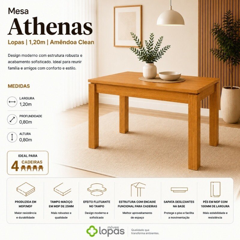 Base Mesa de Jantar Athenas 120x80 Amêndoa Clean - Lopas - Imagem 4