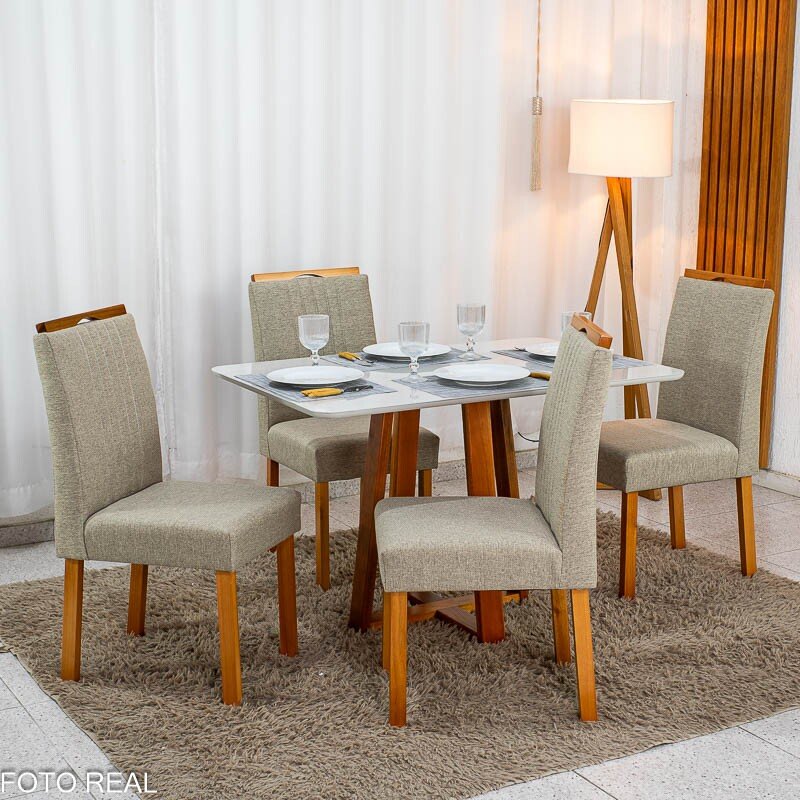 Mesa de Jantar Bali 120x80 Vidro Off Base Madeira + 4 Cadeiras Atlanta Linho Bege Cru Minas Plac - Entregue Montada
