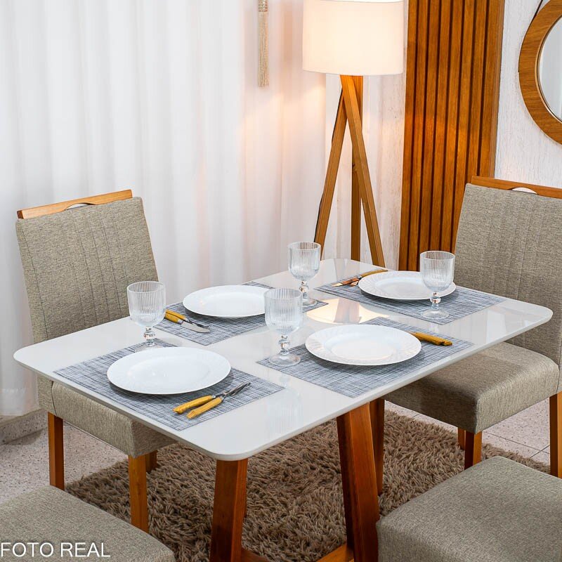 Mesa de Jantar Bali 120x80 Vidro Off Base Madeira + 4 Cadeiras Atlanta Linho Bege Cru Minas Plac - Entregue Montada - Imagem 2