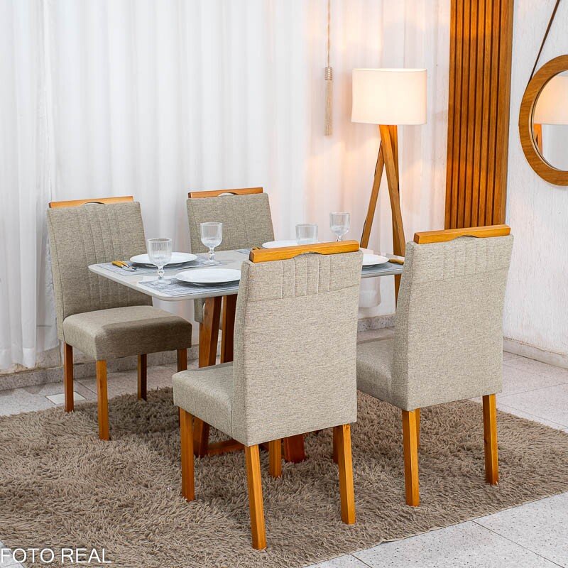 Mesa de Jantar Bali 120x80 Vidro Off Base Madeira + 4 Cadeiras Atlanta Linho Bege Cru Minas Plac - Entregue Montada - Imagem 3