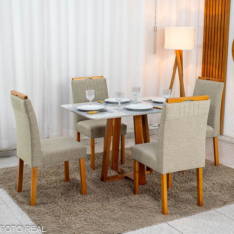 Mesa de Jantar Bali 120x80 Vidro Off Base Madeira + 4 Cadeiras Atlanta Linho Bege Cru Minas Plac - Entregue Montada - Imagem 4