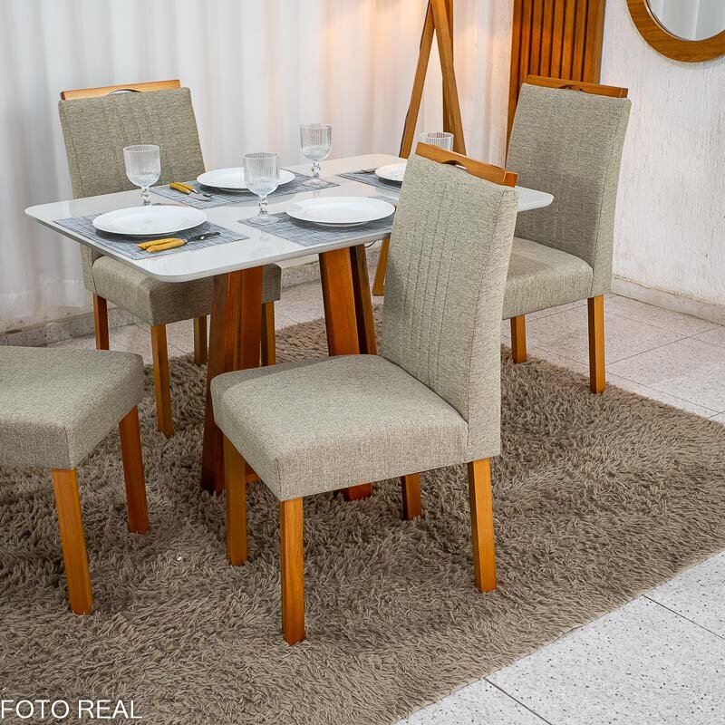 Mesa de Jantar Bali 120x80 Vidro Off Base Madeira + 4 Cadeiras Atlanta Linho Bege Cru Minas Plac - Entregue Montada - Imagem 5