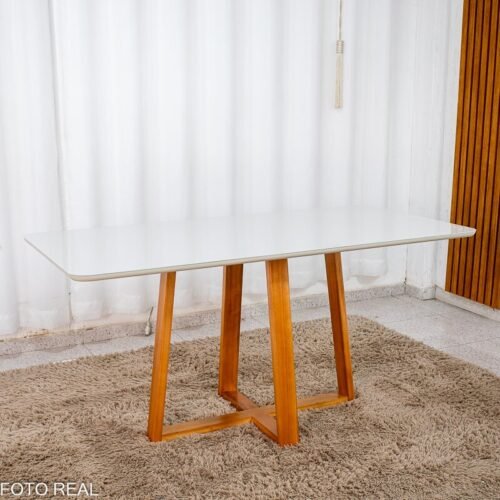 Base Mesa de Jantar Bali 160x80 Vidro Off Base Madeira Minas Plac - Entregue Montada