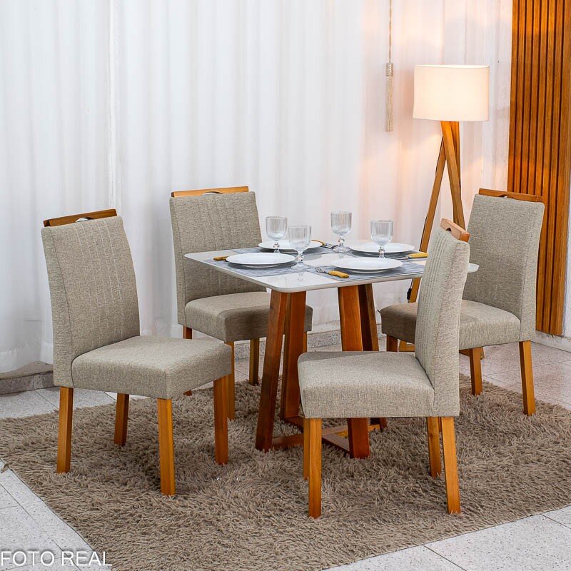 Mesa de Jantar Bali 90x90 Vidro Off Base Madeira + 4 Cadeiras Atlanta Linho Bege Cru Minas Plac - Entregue Montada