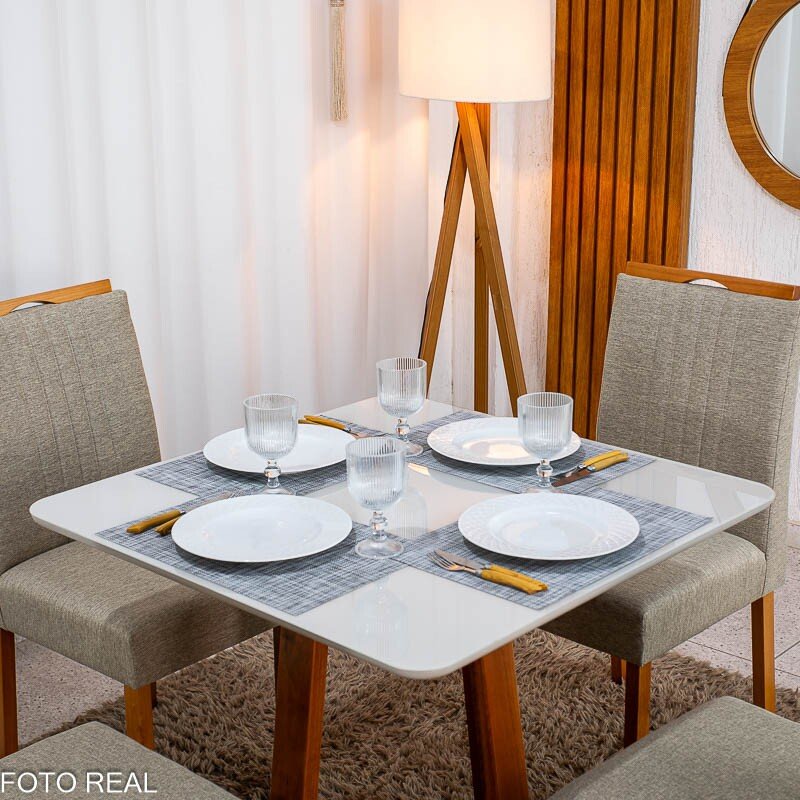 Mesa de Jantar Bali 90x90 Vidro Off Base Madeira + 4 Cadeiras Atlanta Linho Bege Cru Minas Plac - Entregue Montada - Imagem 2
