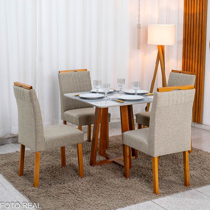 Mesa de Jantar Bali 90x90 Vidro Off Base Madeira + 4 Cadeiras Atlanta Linho Bege Cru Minas Plac - Entregue Montada - Imagem 3