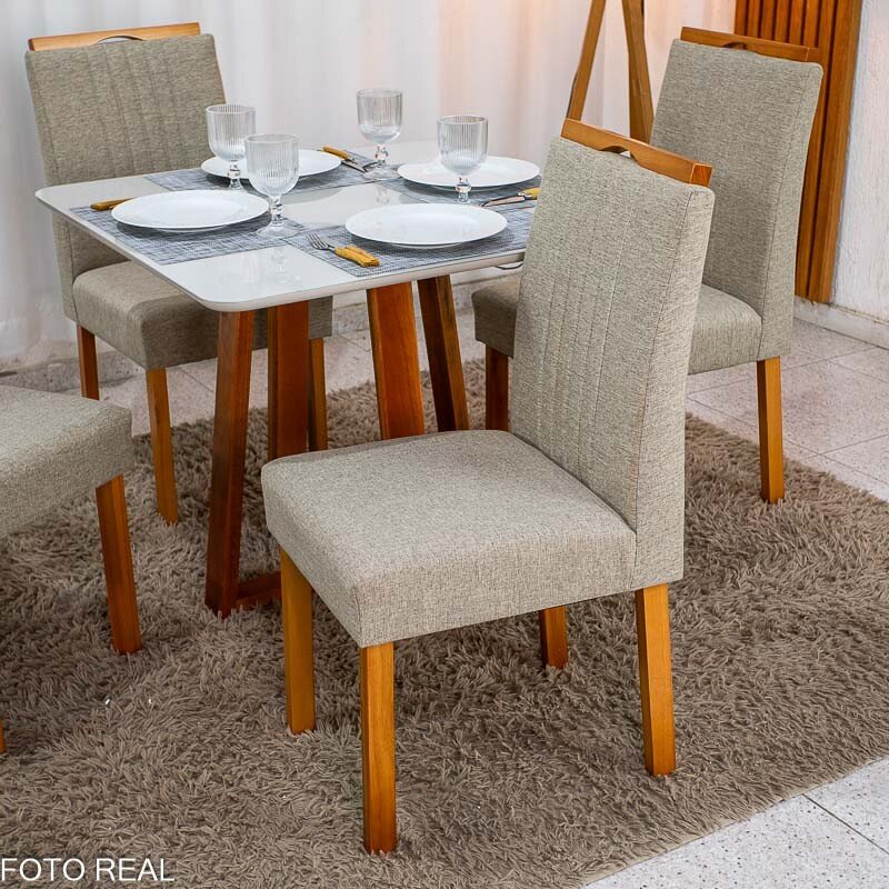 Mesa de Jantar Bali 90x90 Vidro Off Base Madeira + 4 Cadeiras Atlanta Linho Bege Cru Minas Plac - Entregue Montada - Imagem 4