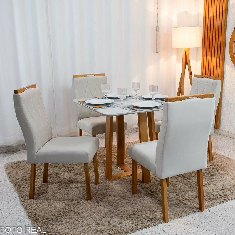 Mesa de Jantar Bali 90x90 Vidro Off Base Minas Plac + 4 Cadeiras Lisboa Veludo Bege 512 Art Assento - Entregue Montada