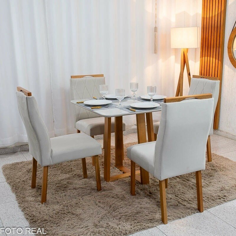 Mesa de Jantar Bali 90x90 Vidro Off Base Minas Plac + 4 Cadeiras Lisboa Veludo Bege 512 Art Assento - Entregue Montada - Imagem 3