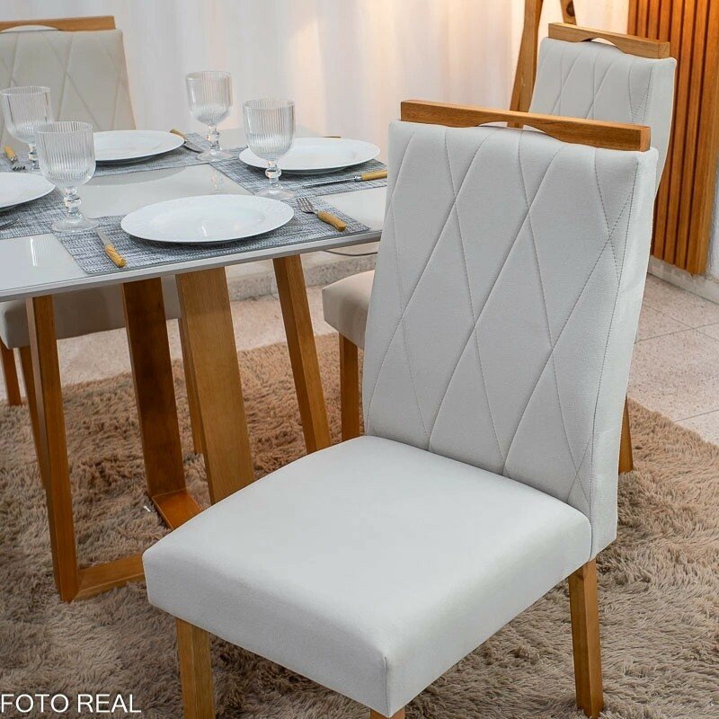 Mesa de Jantar Bali 90x90 Vidro Off Base Minas Plac + 4 Cadeiras Lisboa Veludo Bege 512 Art Assento - Entregue Montada - Imagem 5