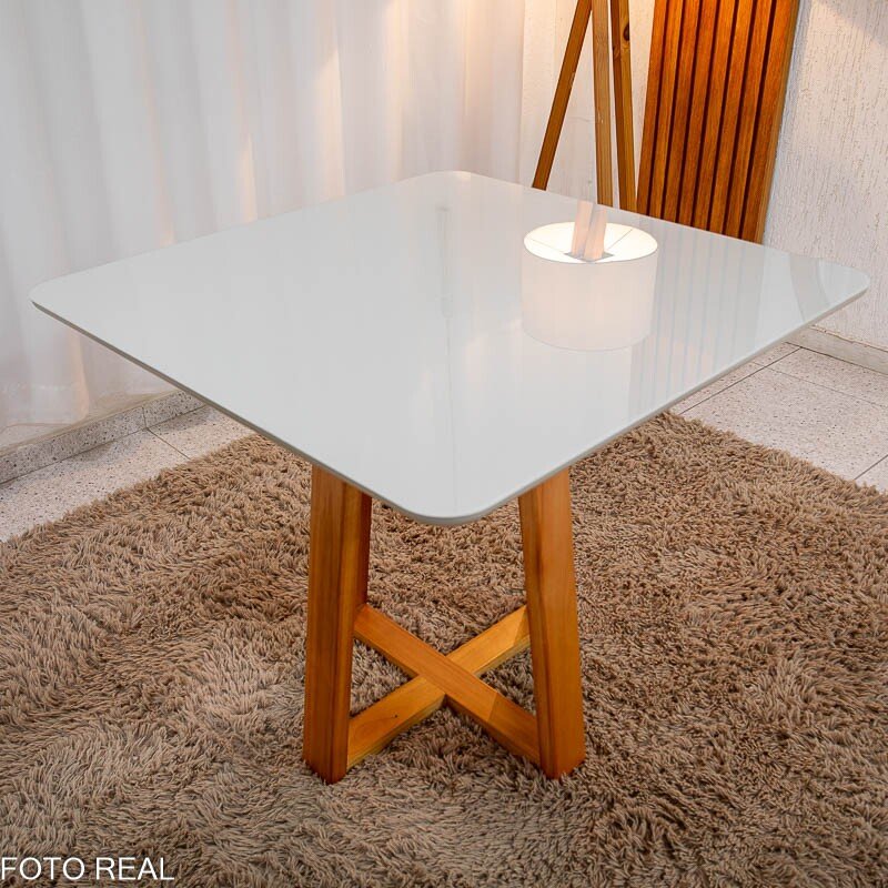 Mesa de Jantar Bali 90x90 Vidro Off Base Madeira + 4 Cadeiras Atlanta Linho Bege Cru Minas Plac - Entregue Montada - Imagem 7