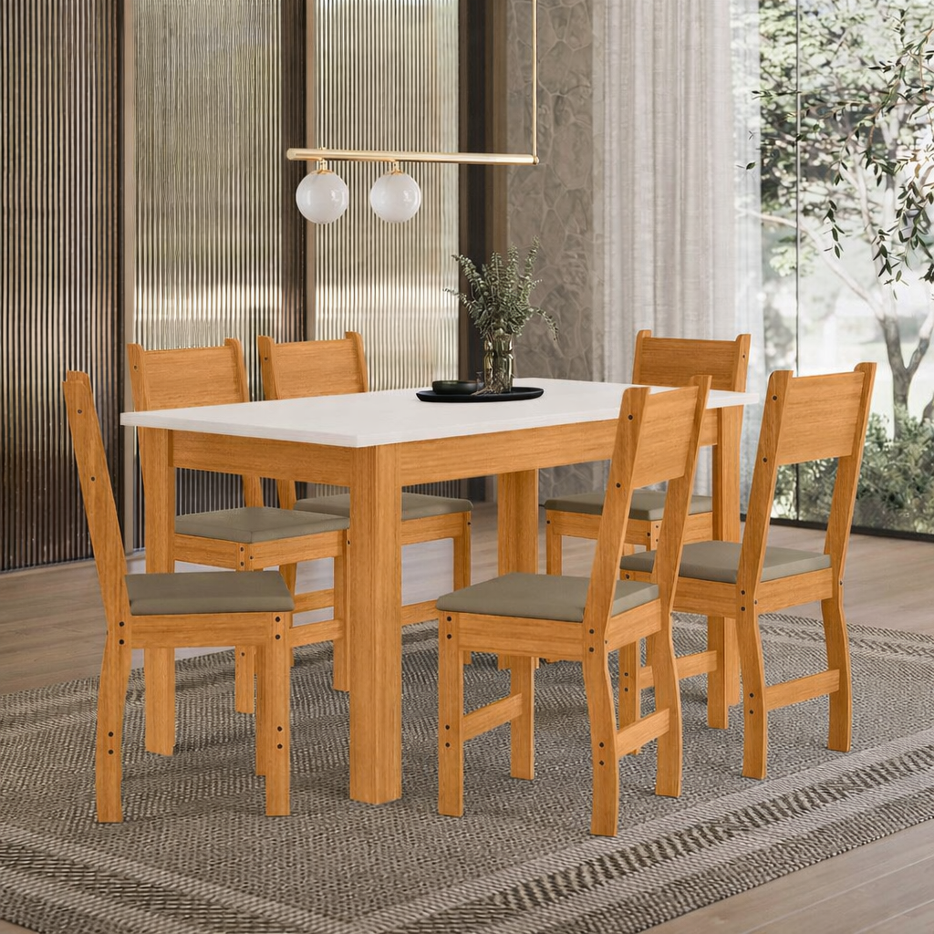 Mesa de Jantar Bellagio 150x80 Freijó UV Tampo Off White + 6 Cadeiras Milano Freijó UV/Savana - Poliman