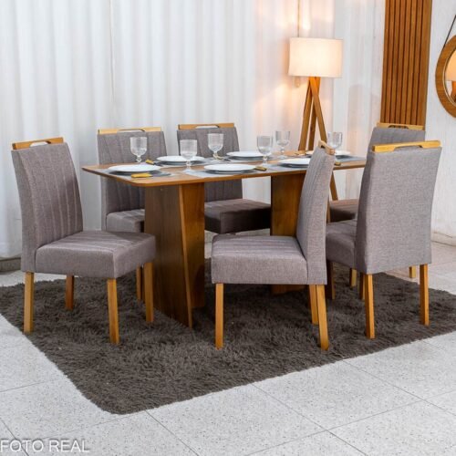 Mesa de Jantar Londres Tampo 160x80 Londres Cinamomo Cel Móveis + 6 Cadeiras Gabi Linho Marrom Estrutura Madeira Bom Lar - Entregue Montada