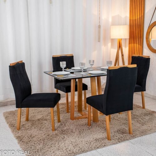 Mesa de Jantar Pedro 120x80 Vidro Preto Base Madeira + 4 Cadeiras Lisboa Veludo Preto 504 Art Assento - Entregue Montada