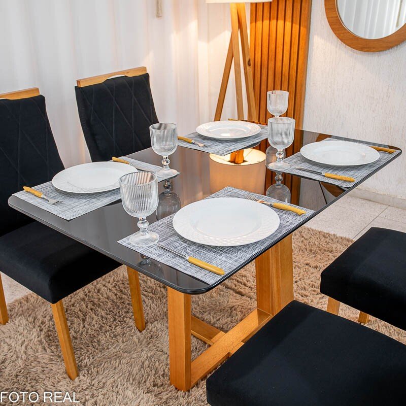 Mesa de Jantar Pedro 120x80 Vidro Preto Base Madeira + 4 Cadeiras Lisboa Veludo Preto 504 Art Assento - Entregue Montada - Imagem 2