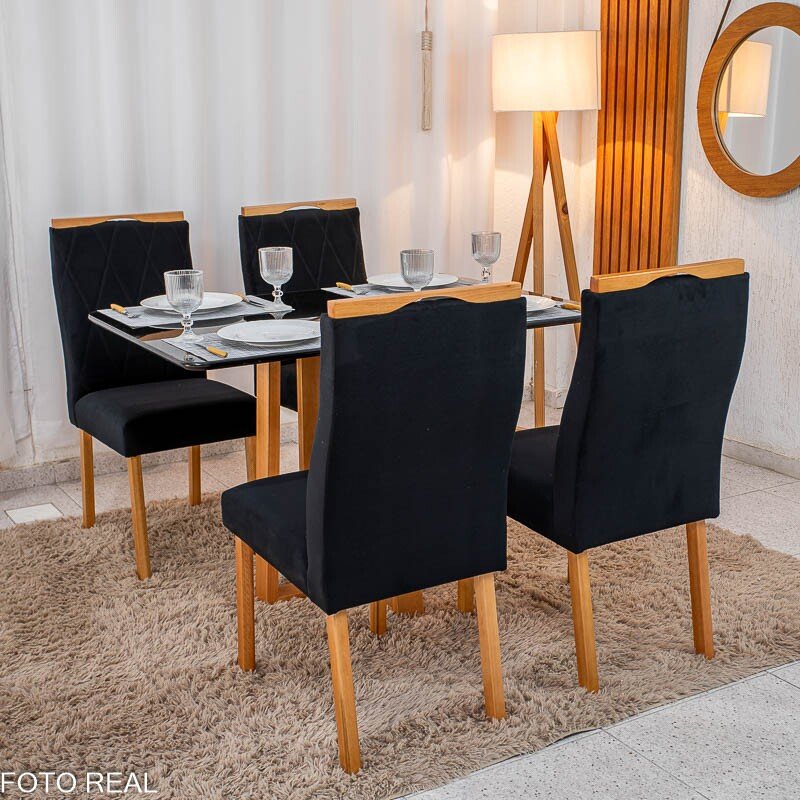 Mesa de Jantar Pedro 120x80 Vidro Preto Base Madeira + 4 Cadeiras Lisboa Veludo Preto 504 Art Assento - Entregue Montada - Imagem 3