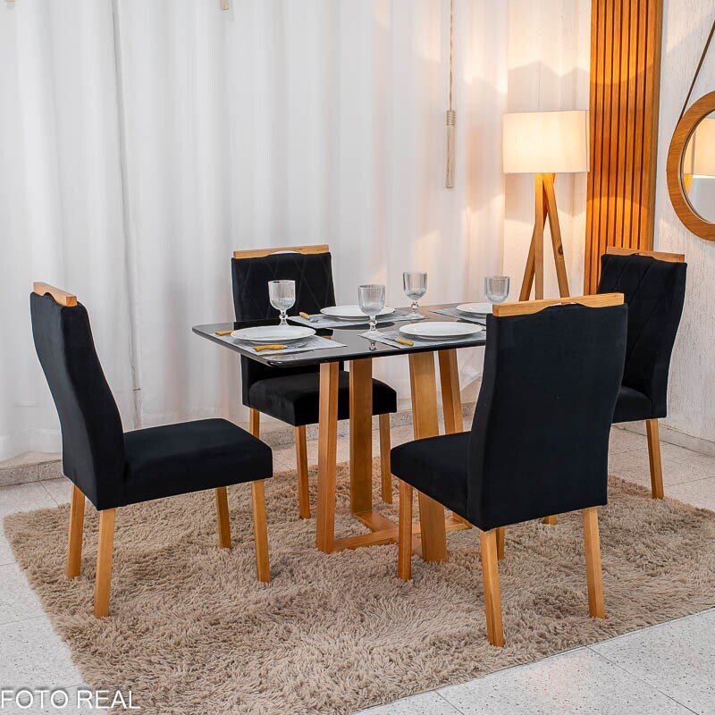Mesa de Jantar Pedro 120x80 Vidro Preto Base Madeira + 4 Cadeiras Lisboa Veludo Preto 504 Art Assento - Entregue Montada - Imagem 4