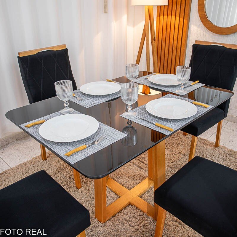 Mesa de Jantar Pedro 120x80 Vidro Preto Base Madeira + 4 Cadeiras Lisboa Veludo Preto 504 Art Assento - Entregue Montada - Imagem 5