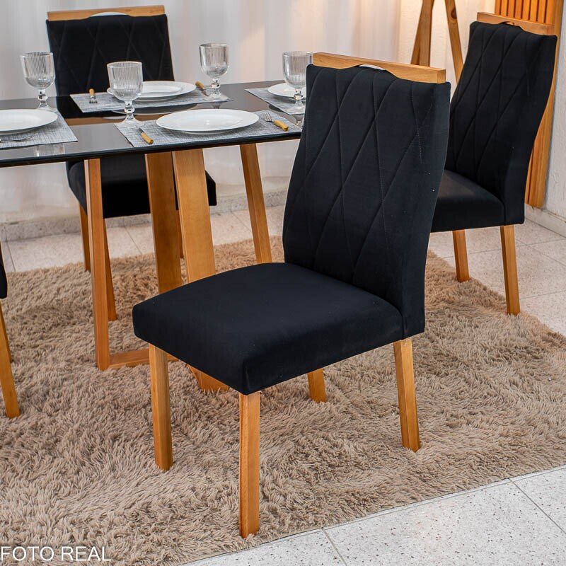 Mesa de Jantar Pedro 120x80 Vidro Preto Base Madeira + 4 Cadeiras Lisboa Veludo Preto 504 Art Assento - Entregue Montada - Imagem 6