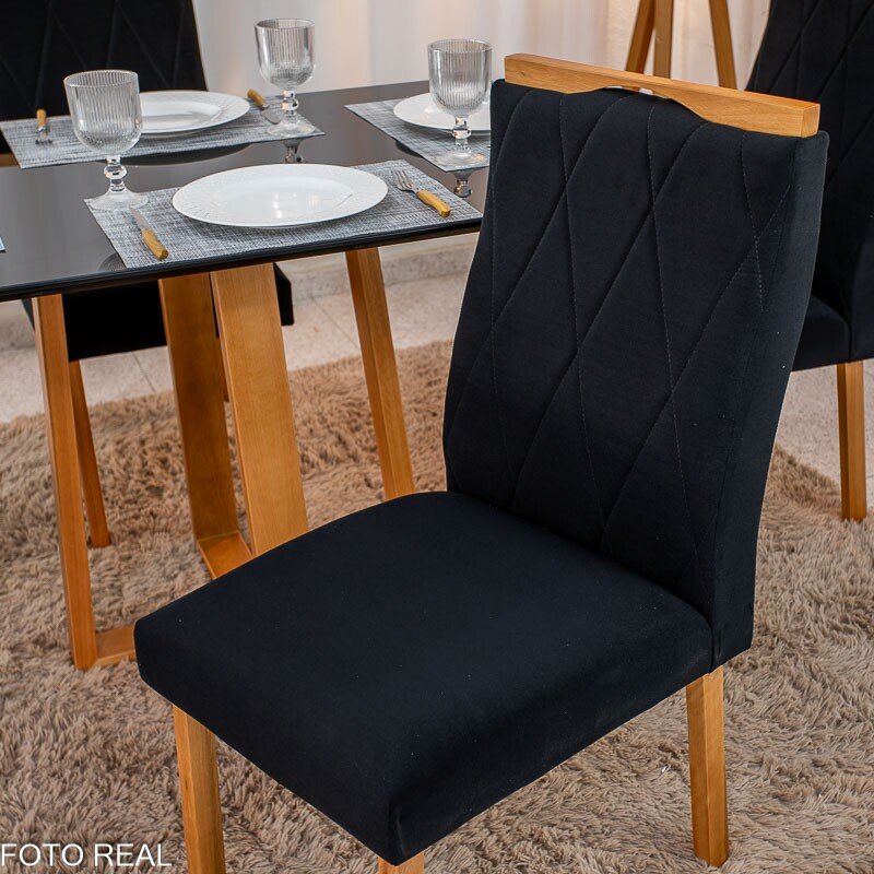 Mesa de Jantar Pedro 120x80 Vidro Preto Base Madeira + 4 Cadeiras Lisboa Veludo Preto 504 Art Assento - Entregue Montada - Imagem 7
