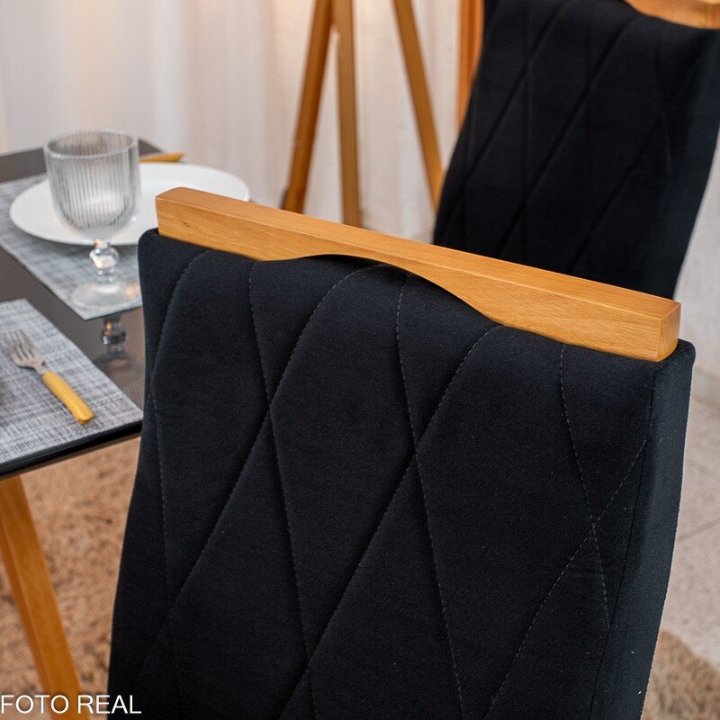 Mesa de Jantar Pedro 120x80 Vidro Preto Base Madeira + 4 Cadeiras Lisboa Veludo Preto 504 Art Assento - Entregue Montada - Imagem 8