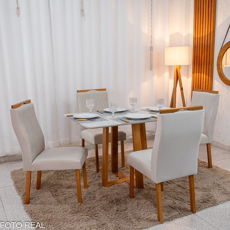 Mesa de Jantar Pedro 120x80 Vidro Off Base Madeira + 4 Cadeiras Lisboa Veludo Bege 512 Art Assento - Entregue Montada
