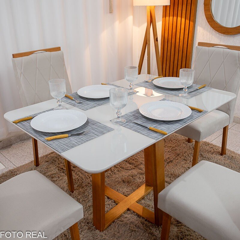 Mesa de Jantar Pedro 120x80 Vidro Off Base Madeira + 4 Cadeiras Lisboa Veludo Bege 512 Art Assento - Entregue Montada - Imagem 2