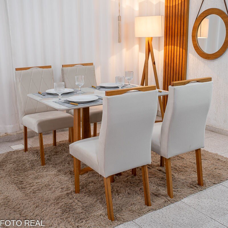 Mesa de Jantar Pedro 120x80 Vidro Off Base Madeira + 4 Cadeiras Lisboa Veludo Bege 512 Art Assento - Entregue Montada - Imagem 3