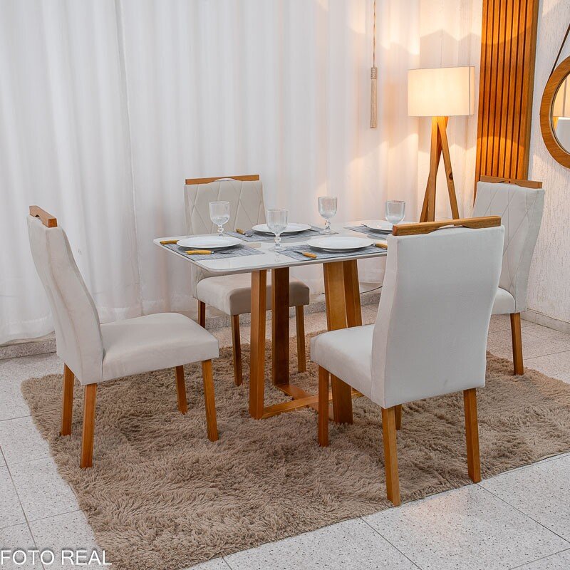 Mesa de Jantar Pedro 120x80 Vidro Off Base Madeira + 4 Cadeiras Lisboa Veludo Bege 512 Art Assento - Entregue Montada - Imagem 4