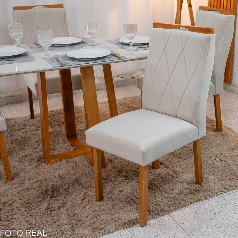 Mesa de Jantar Pedro 120x80 Vidro Off Base Madeira + 4 Cadeiras Lisboa Veludo Bege 512 Art Assento - Entregue Montada - Imagem 5