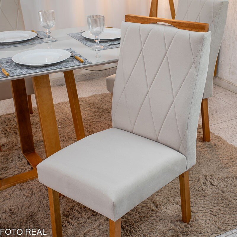 Mesa de Jantar Pedro 120x80 Vidro Off Base Madeira + 4 Cadeiras Lisboa Veludo Bege 512 Art Assento - Entregue Montada - Imagem 6