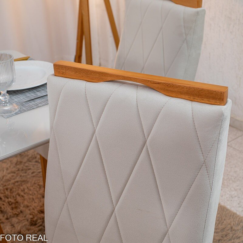 Mesa de Jantar Pedro 120x80 Vidro Off Base Madeira + 4 Cadeiras Lisboa Veludo Bege 512 Art Assento - Entregue Montada - Imagem 7