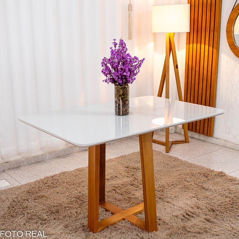Mesa de Jantar Pedro 120x80 Vidro Off Base Madeira + 4 Cadeiras Lisboa Veludo Bege 512 Art Assento - Entregue Montada - Imagem 8