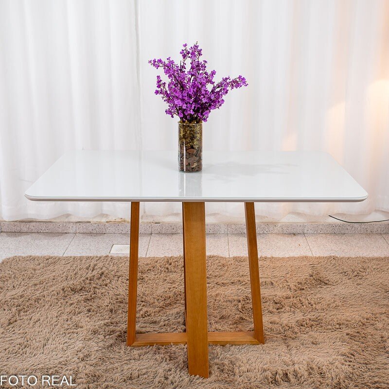 Mesa de Jantar Pedro 120x80 Vidro Off Base Madeira + 4 Cadeiras Lisboa Veludo Bege 512 Art Assento - Entregue Montada - Imagem 9