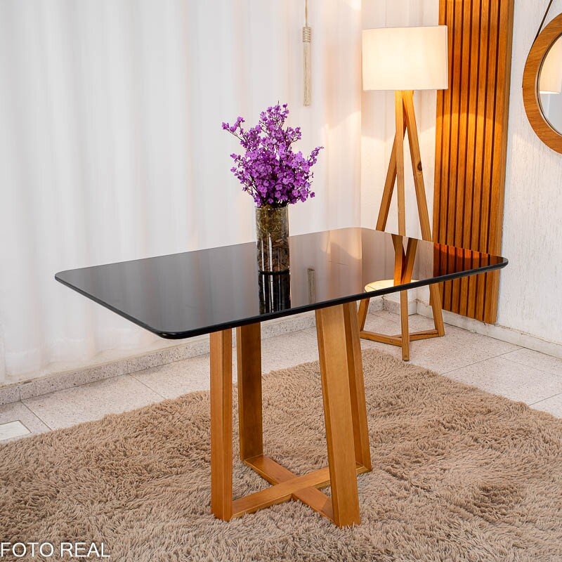 Mesa de Jantar Pedro 120x80 Vidro Preto Base Madeira + 4 Cadeiras Lisboa Veludo Preto 504 Art Assento - Entregue Montada - Imagem 9