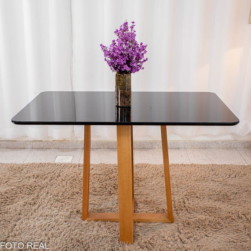 Mesa de Jantar Pedro 120x80 Vidro Preto Base Madeira + 4 Cadeiras Lisboa Veludo Preto 504 Art Assento - Entregue Montada - Imagem 10