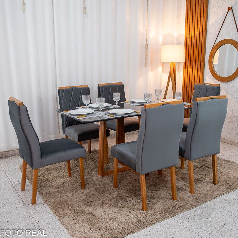 Mesa de Jantar Pedro 160x80 Vidro Grafite Base Madeira + 6 Cadeiras Lisboa Veludo Cinza 507 Art Assento - Entregue Montada - Imagem 3