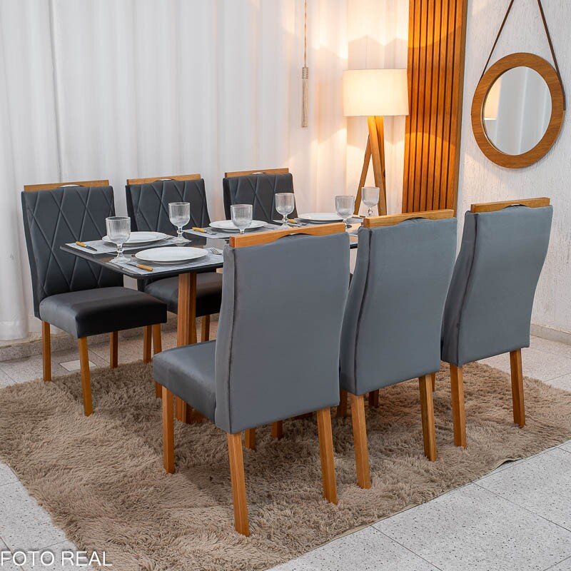 Mesa de Jantar Pedro 160x80 Vidro Grafite Base Madeira + 6 Cadeiras Lisboa Veludo Cinza 507 Art Assento - Entregue Montada - Imagem 4