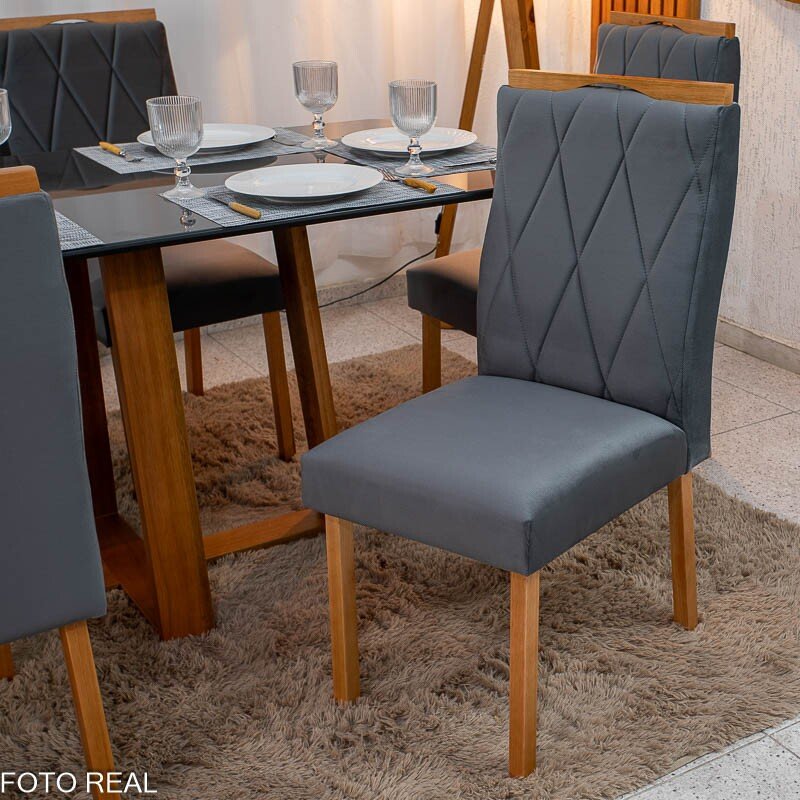 Mesa de Jantar Pedro 160x80 Vidro Grafite Base Madeira + 6 Cadeiras Lisboa Veludo Cinza 507 Art Assento - Entregue Montada - Imagem 6