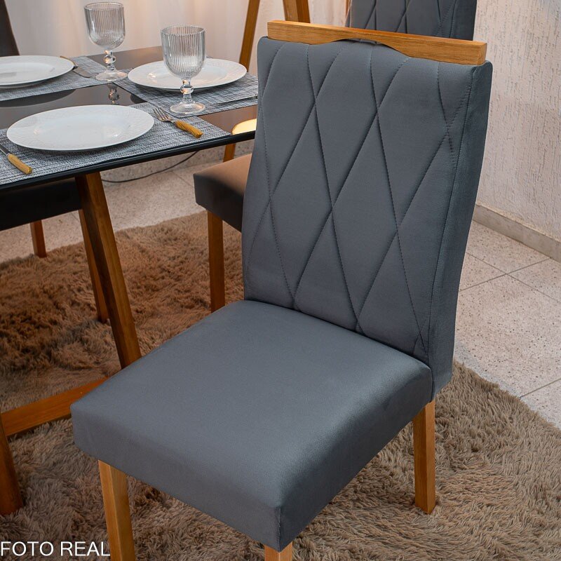 Mesa de Jantar Pedro 160x80 Vidro Grafite Base Madeira + 6 Cadeiras Lisboa Veludo Cinza 507 Art Assento - Entregue Montada - Imagem 7