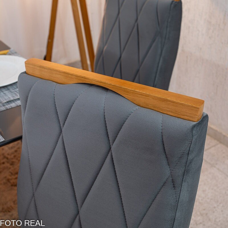 Mesa de Jantar Pedro 160x80 Vidro Grafite Base Madeira + 6 Cadeiras Lisboa Veludo Cinza 507 Art Assento - Entregue Montada - Imagem 8