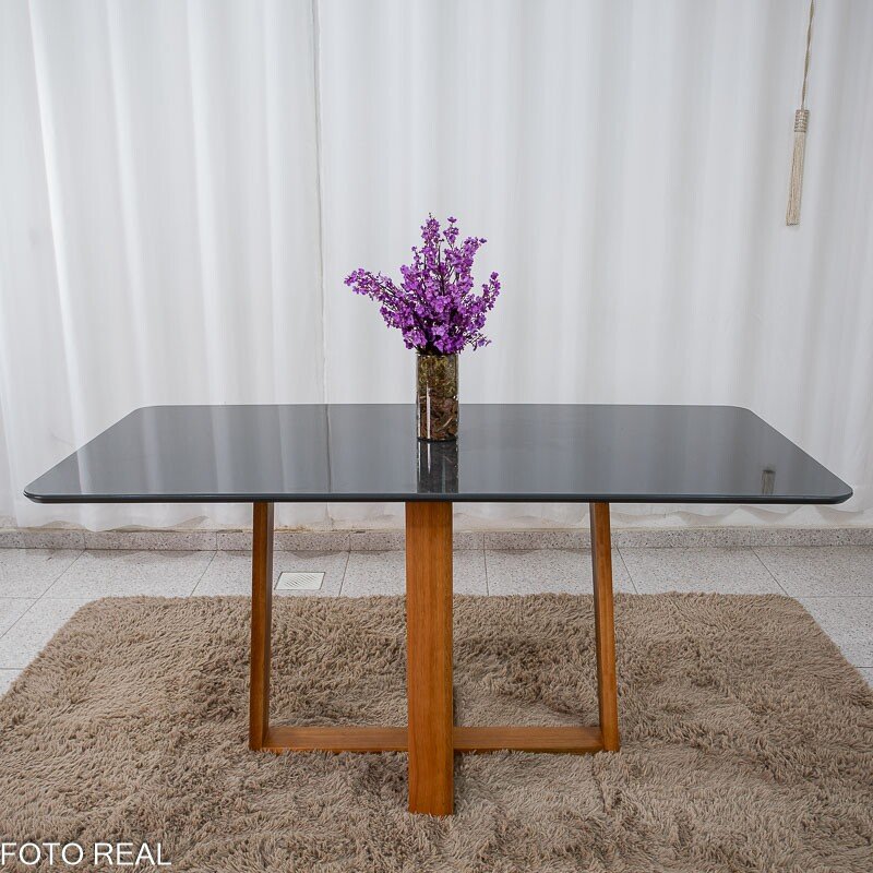 Mesa de Jantar Pedro 160x80 Vidro Grafite Base Madeira + 6 Cadeiras Lisboa Veludo Cinza 507 Art Assento - Entregue Montada - Imagem 9