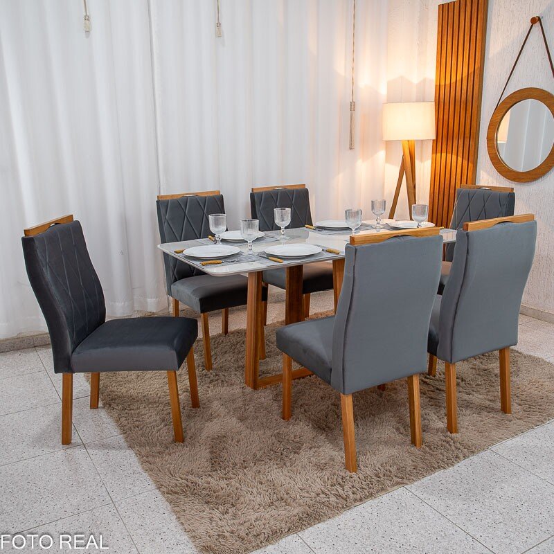 Mesa de Jantar Pedro 160x80 Vidro Off Base Madeira + 6 Cadeiras Lisboa Veludo Cinza 507 Art Assento - Entregue Montada
