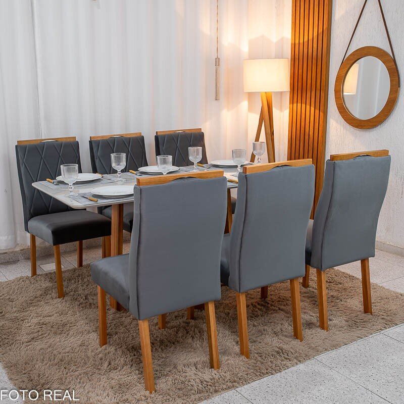 Mesa de Jantar Pedro 160x80 Vidro Off Base Madeira + 6 Cadeiras Lisboa Veludo Cinza 507 Art Assento - Entregue Montada - Imagem 4