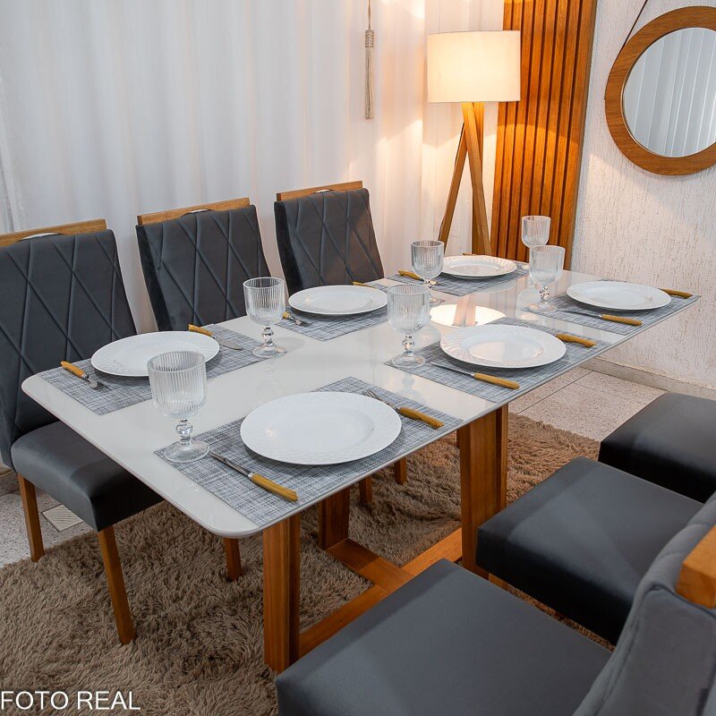 Mesa de Jantar Pedro 160x80 Vidro Off Base Madeira + 6 Cadeiras Lisboa Veludo Cinza 507 Art Assento - Entregue Montada - Imagem 5